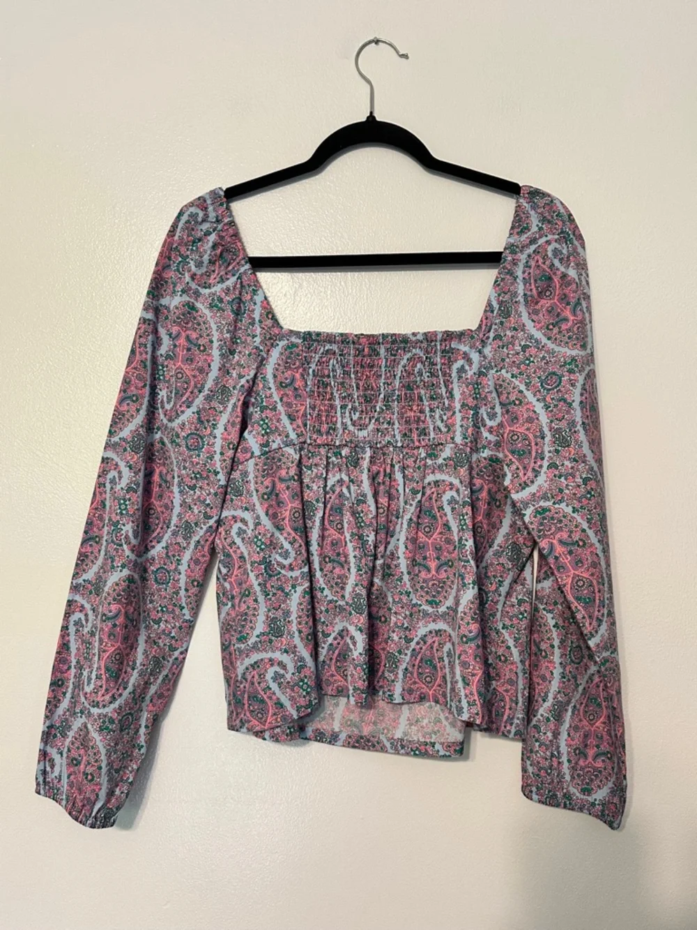 J Crew Paisley Sweetheart Long Sleeve Blouse Blue Pink size 12
